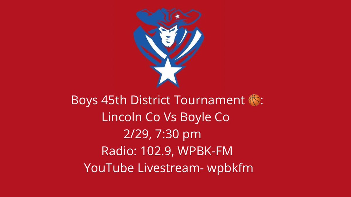 🏀 45th District Tournament
🔴 Pats Vs Boyle Co 
📍 Garrard Co Middle School
⏰ tonight at 7:30 pm
🎟️ $8 online only- gofan.co/event/1438953
📻 WPBK- FM, 102.9
📺 youtube.com/live/AHQGOhQb3…