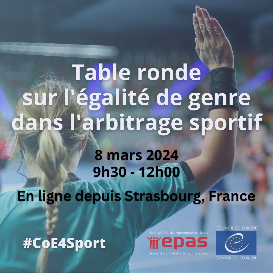 Les femmes arbitres sont encore victimes de discrimination dans la plupart des sports. Comment combattre la discrimination et les inégalités dans l'arbitrage ? Participez à l'échange lors de la table ronde du 8 mars ! Infos et inscription : bit.ly/48BIqsy #CoE4Sport