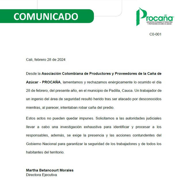 Rechazamos los hechos violentos cometidos contra un trabajador de la agroindustria de la caña, en el municipio de Padilla.