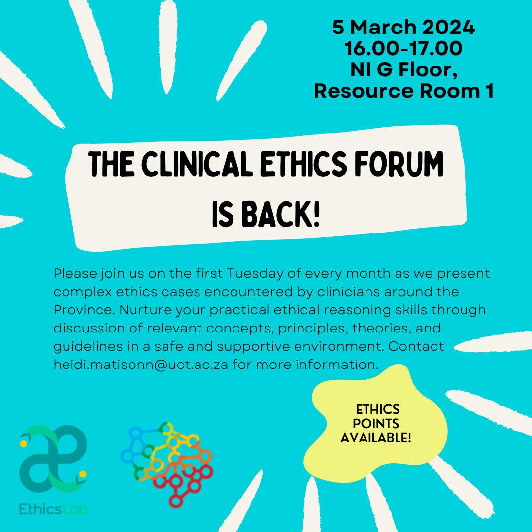 The Ethics Lab’s Clinical Ethics Forum offers safe space to discuss complex ethical cases related to patient care in which all views are welcome.

@UCTHealthSci @AndMhha @UCT_SPH @uct_medicine @InternalUct @DeptFCE