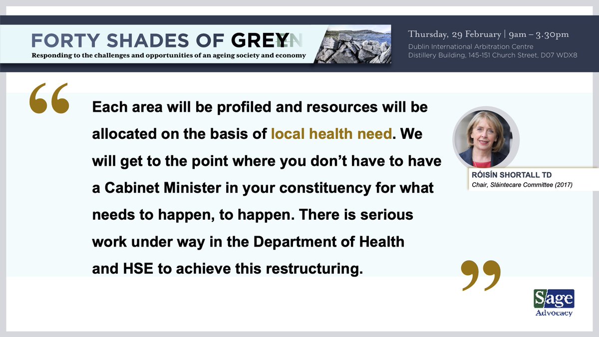 At Sage Advocacy's seminar on ageing this afternoon, Róisín Shortall pays tribute to those undertaking the work of Sláintecare restructuring within the HSE, and says that work on the six Health Regions is well under way. #Slaintecare #CommissionOnCare