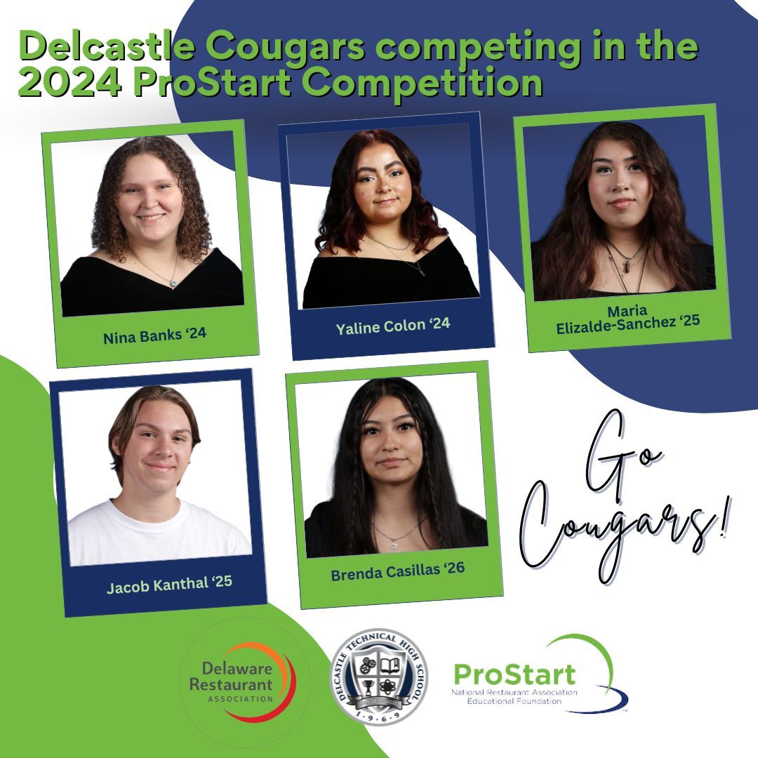 Good luck to our five budding chefs as they head to the 2024 Delaware ProStart Competition, hosted by the Delaware Restaurant Association. Led by Chef Craft and Chef James, our Cougars will compete with other aspiring chefs from the state. Go team! #NCCVTworks #ProStart