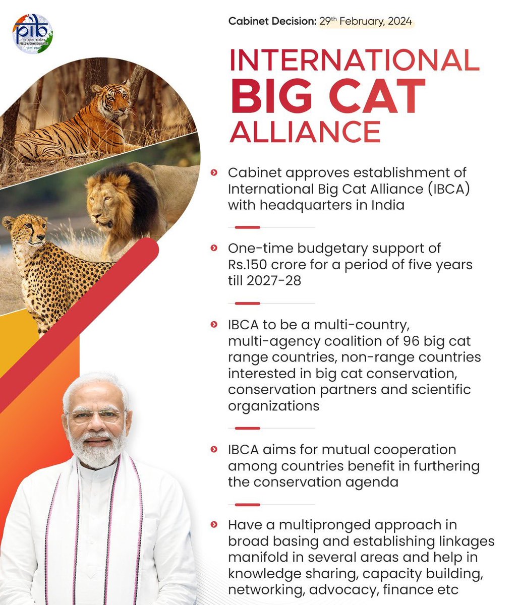 The Union Cabinet led by PM Shri @narendramodi ji today approved the establishment of the International Big Cat Alliance with its HQ in India. The move reflects PM Modi’s commitment towards conservation of wildlife, particularly tigers and other endangered big cats. This