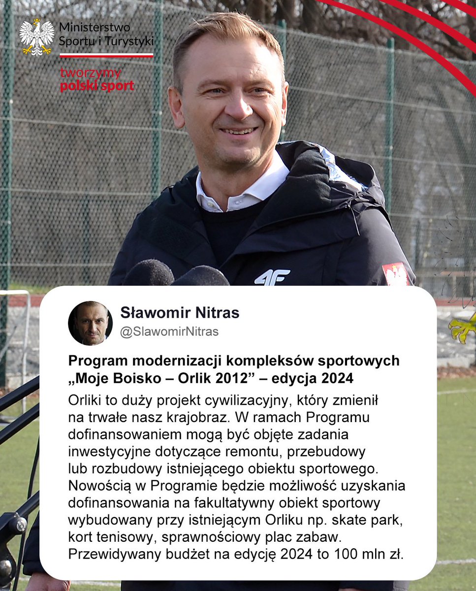 Orliki to duży projekt cywilizacyjny, który trwale zmienił nasz krajobraz. Mamy ich w 🇵🇱 ponad 2600 ⚽️ Będziemy je modernizować. Nowością w programie będzie możliwość uzyskania dofinansowania na fakultatywny obiekt sportowy przy istniejącym Orliku. @SPORT_GOV_PL