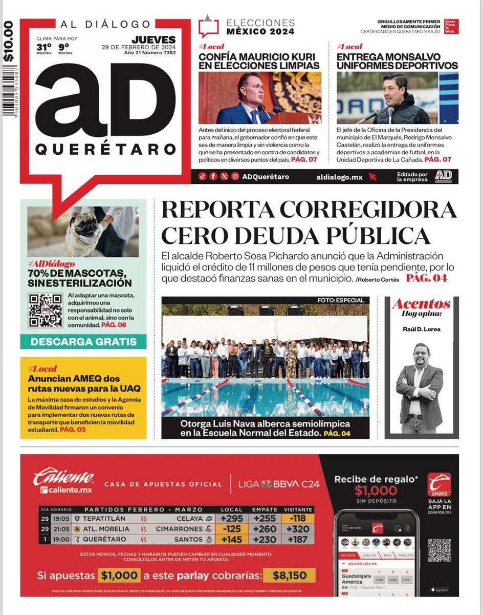 ADQueretaro's tweet photo. En portada 🗞️ Roberto Sosa Pichardo dio a conocer que el municipio de #Corregidora liquidó su deuda pública de casi 11 millones de pesos.
https://t.co/iAaxEoiQdM
@RobertSosaP @MpioCorregidora https://t.co/4MKCsOH7iO