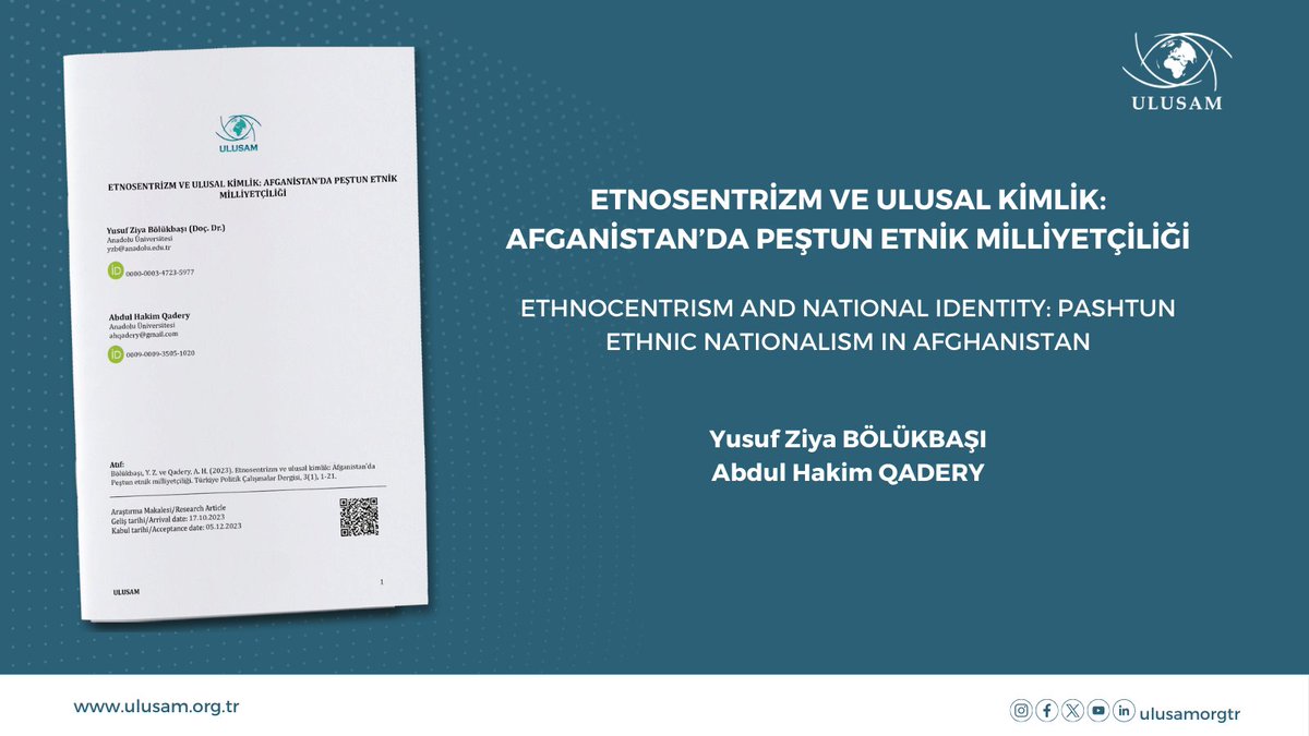 ulusamorgtr's tweet photo. "Etnosentrizm ve ulusal kimlik: Afganistan’da Peştun etnik milliyetçiliği" 

Yusuf Ziya Bölükbaşı
Abdul Hakim Qadery 

Türkiye Politik Çalışmalar Dergisi'ne ve makaleye ulaşmak için https://t.co/LL9iyZQwBD

#ulusam #dergi #uluslararasıilişkiler #afganistan #peştun https://t.co/u6EVWUzppp