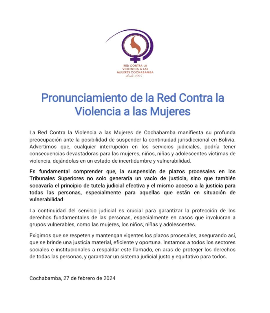 ComiteDeGenero's tweet image. Compartimos el Pronunciamiento de la Red Contra la Violencia a las Mujeres de Cochabamba quienes manifiestan su profunda preocupación ante la posibilidad de suspender la continuidad jurisdiccional en Bolivia.
#derechos
#sectoresvulnerables