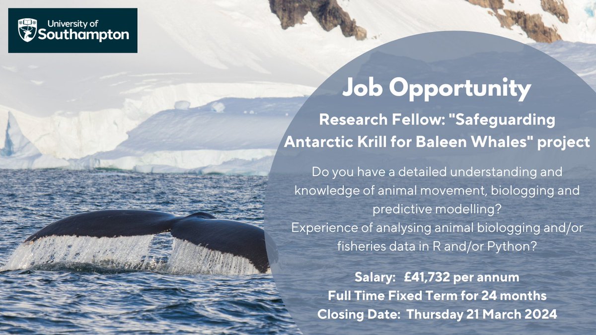 Our friends at @unisouthampton @NOCnews are seeking to recruit a postdoc research assistant to undertake research in the Darwin Plus project ‘Safeguarding Antarctic Krill Stocks For Baleen Whales’ under supervision of Dr @ryan_reisinger ⬇️ Info: jobs.soton.ac.uk/Vacancy.aspx?r…