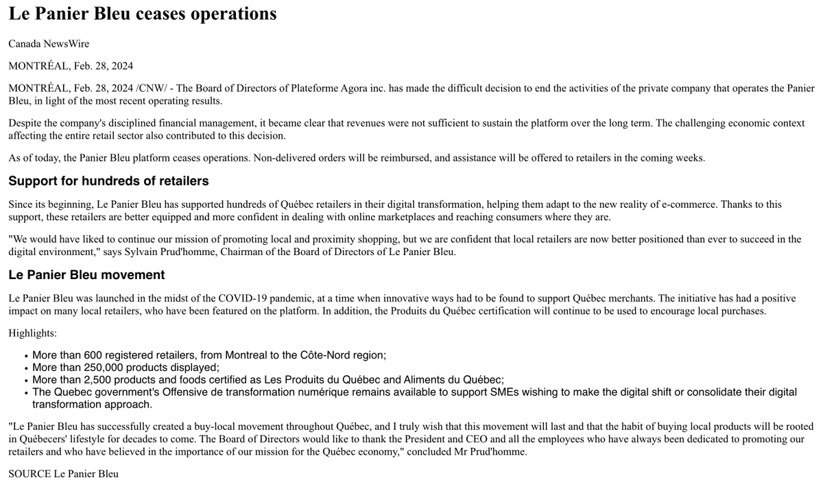 You can't make this up. Le Panier Bleu, the Quebec government-funded e-commerce site that refused to create an English version for shoppers, announced they are shutting down with an English press release.