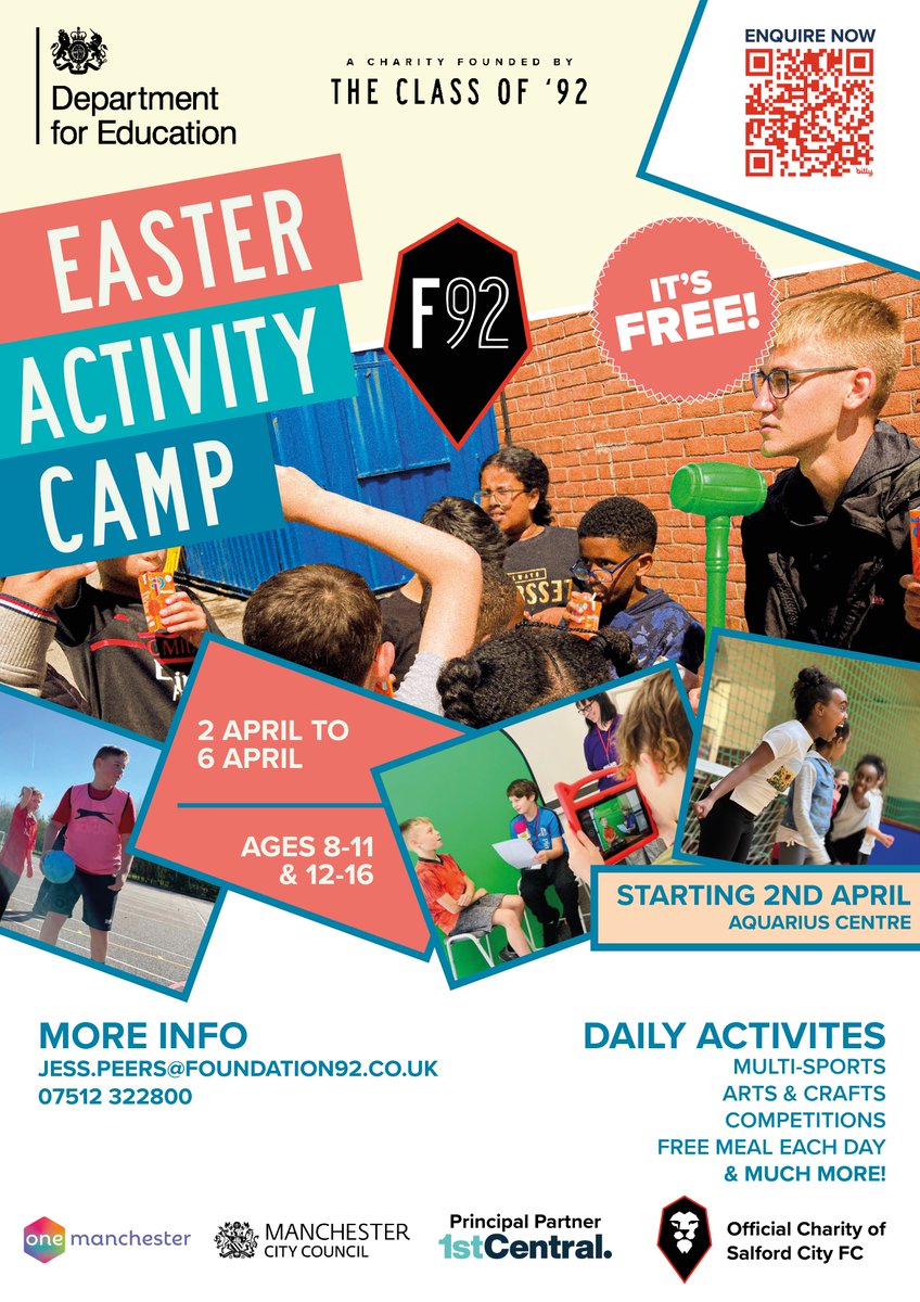 #F92's Easter Holiday Activity Camps are back! 🙌 Aimed at children who receive free school meals 🍽️ Register your interest now for our camp in Hulme 😃 forms.gle/ZmyqjPkpzh2czF… #HAF @OneMcr @ManCityCouncil @educationgovuk