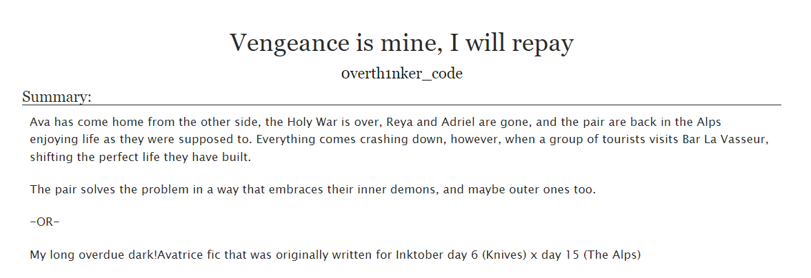 0verth1nkerCode's tweet photo. Vengeance is mine, I will repay

[Complete - Part 2 of 'Inktober 2023' collection - One Shot]

Post-Canon, Soft Beatrice/Ava Silva, Beatrice Needs a Hug, Dark Avatrice (yes both), Violence

https://t.co/kffRV6W0l8

#WarriorNun #SaveOURWarriorNun #Avatrice
https://t.co/z98UxzxQff https://t.co/wHrvj2Xb0V