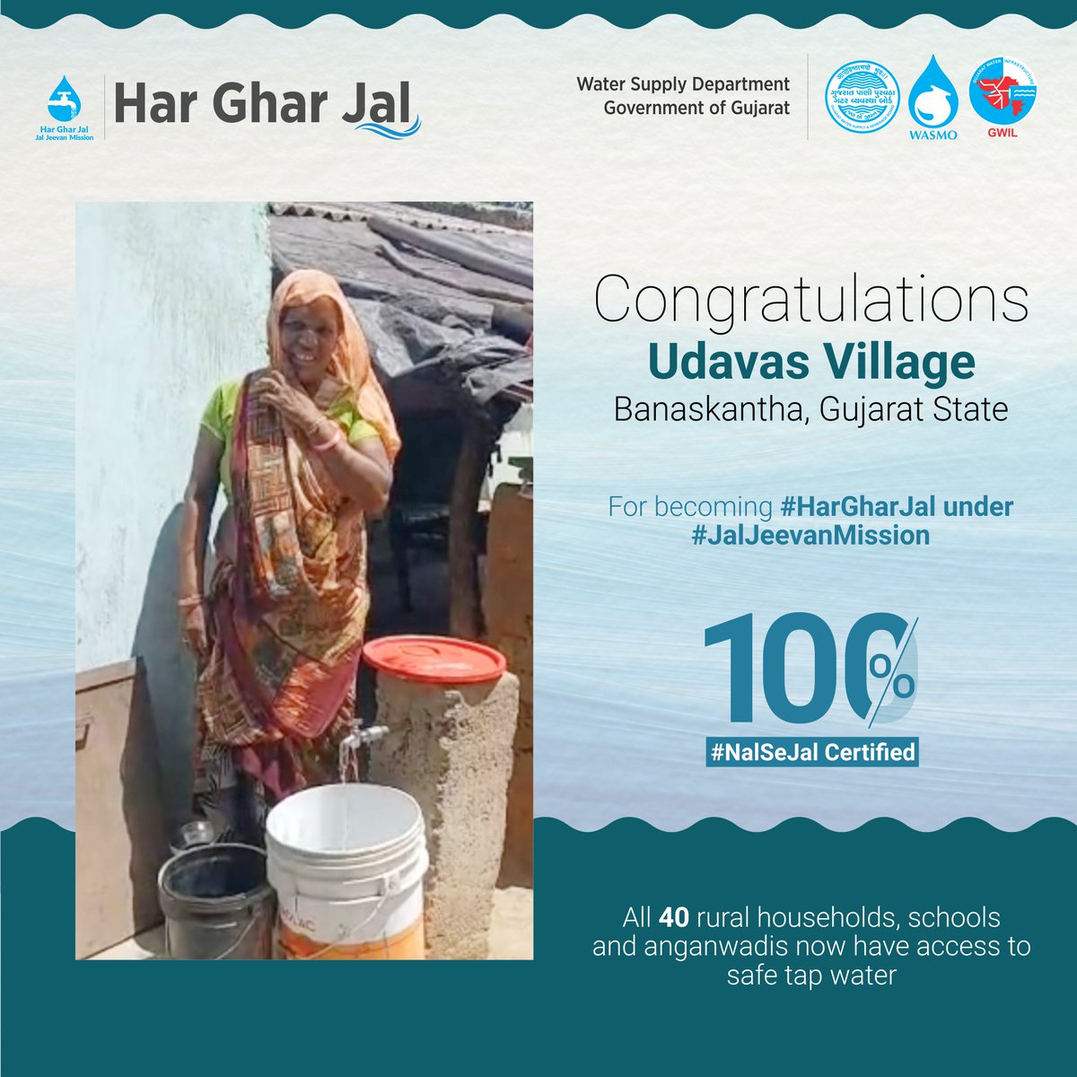 WSDGujarat's tweet image. Congratulations to all the people of Udavas Village of #Banaskantha, #Gujarat State, for becoming 100% #HarGharNalSeJal certified. All 40 rural households, schools and anganwadis are now getting safe tap water under #JalJeevanMission