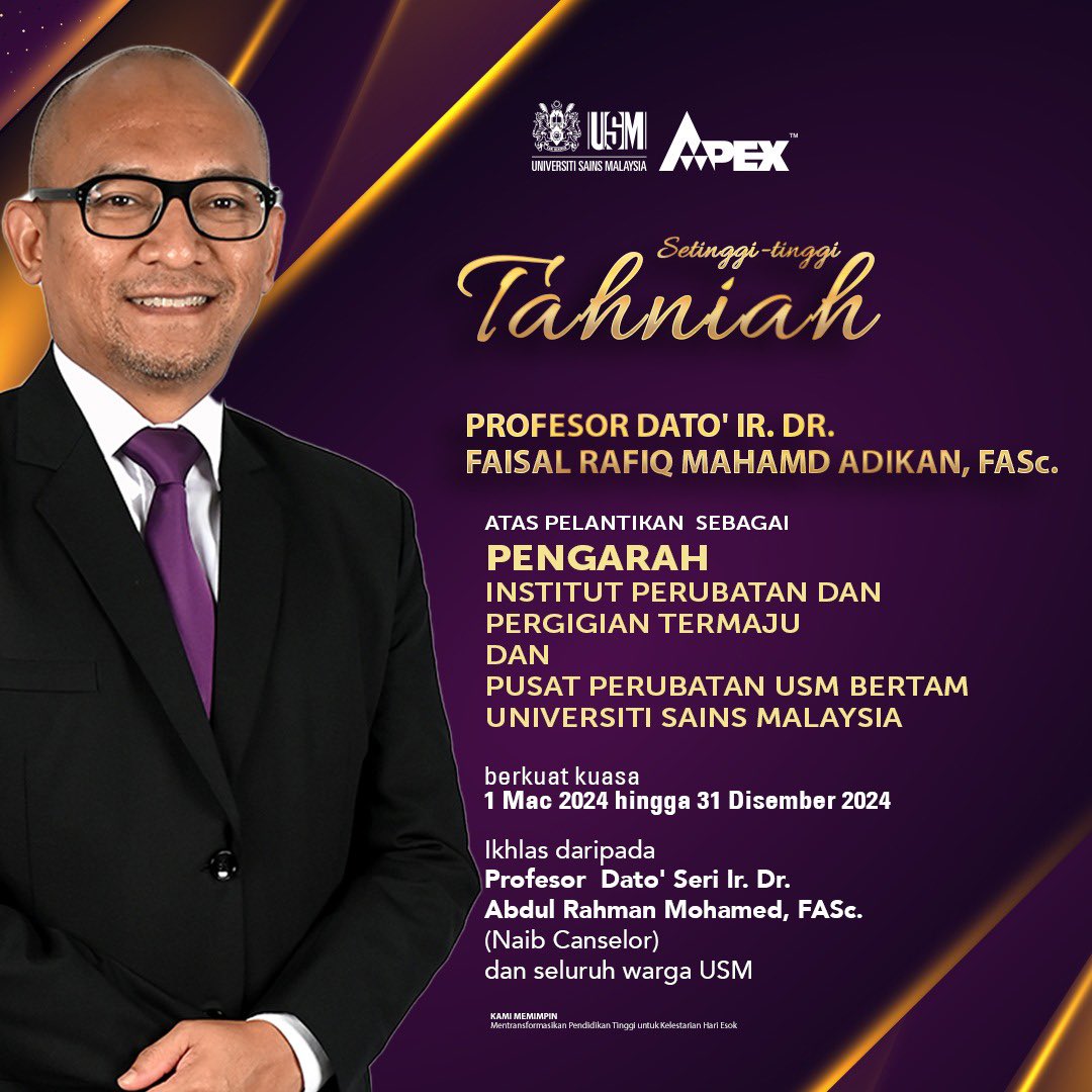 Setinggi-tinggi tahniah diucapkan kepada Profesor Dato’ Ir. Dr. Faisal Rafiq Mahamd Adikan atas pelantikan sebagai Pengarah Institut Perubatan dan Pergigian Termaju (IPPT); dan Pusat Perubatan USM Bertam (PPUSMB). #usm #welead