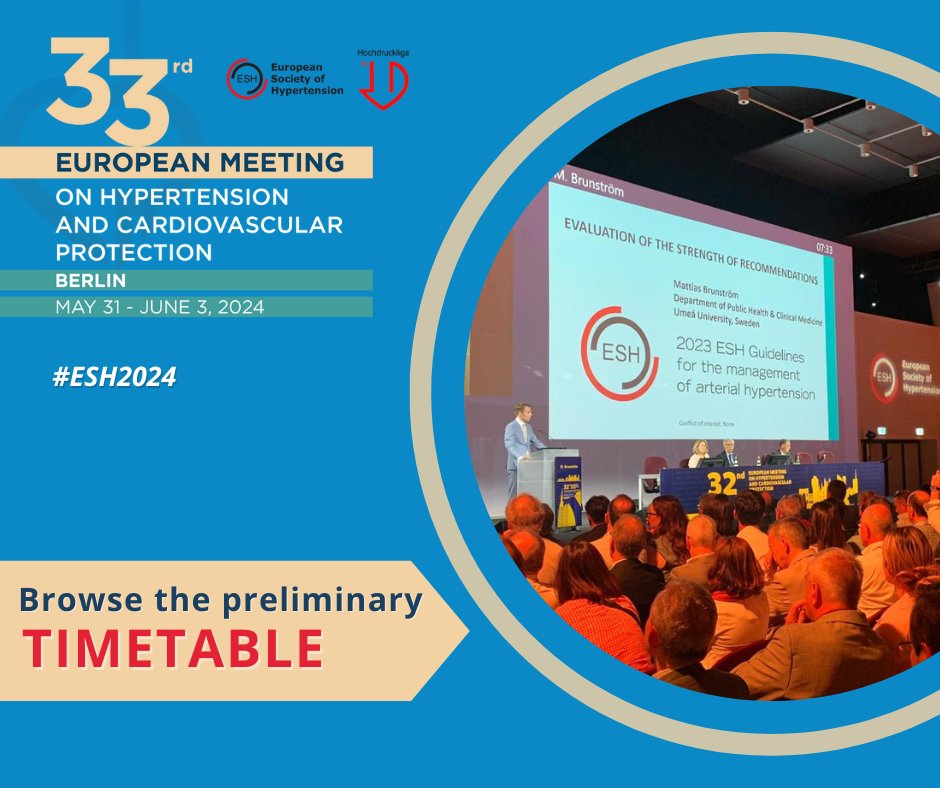 🎉Exciting News! The #ESH2024 Preliminary Timetable is NOW available! Explore the overview of all sessions and topics that will be discussed and register early 👉 bit.ly/49xpDzU @ESHypertension @KreutzReinhold