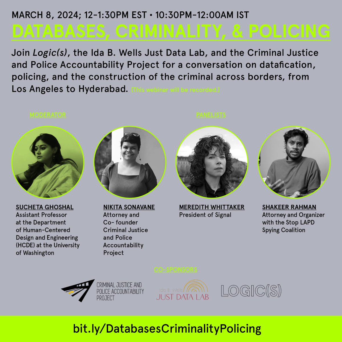 Important discussion on 'Databases Criminality and Policing'! Join us on March 8 at 10:30 PM IST! @logic_magazine @glorious_gluten @ruha9