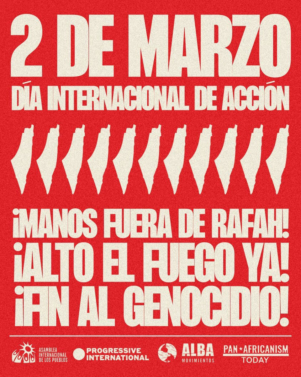 #Cuba se suma este 2 de marzo a la movilización mundial en apoyo a #Palestina. En todas las provincias y en La Habana saldremos a la calle en solidaridad con ese hermano pueblo y para condenar el holocausto que Israel pretende provocar en Rafah. ¡Todos por #Gaza! 

#FreePalestine