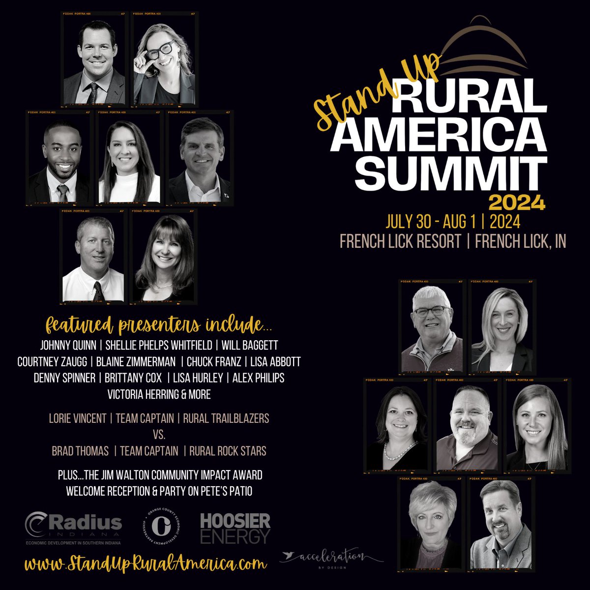 Join us in French Lick, IN July 30-Aug 1 for this amazing line up of Rural Trailblazers &amp; Rock Stars! Register today at standupruralamerica.com
#StandUpRuralAmerica #frenchlick #economicdevelopment #indiana #homeoflarrybird #wearerural #ruralrockstars #ruraltrailblazers