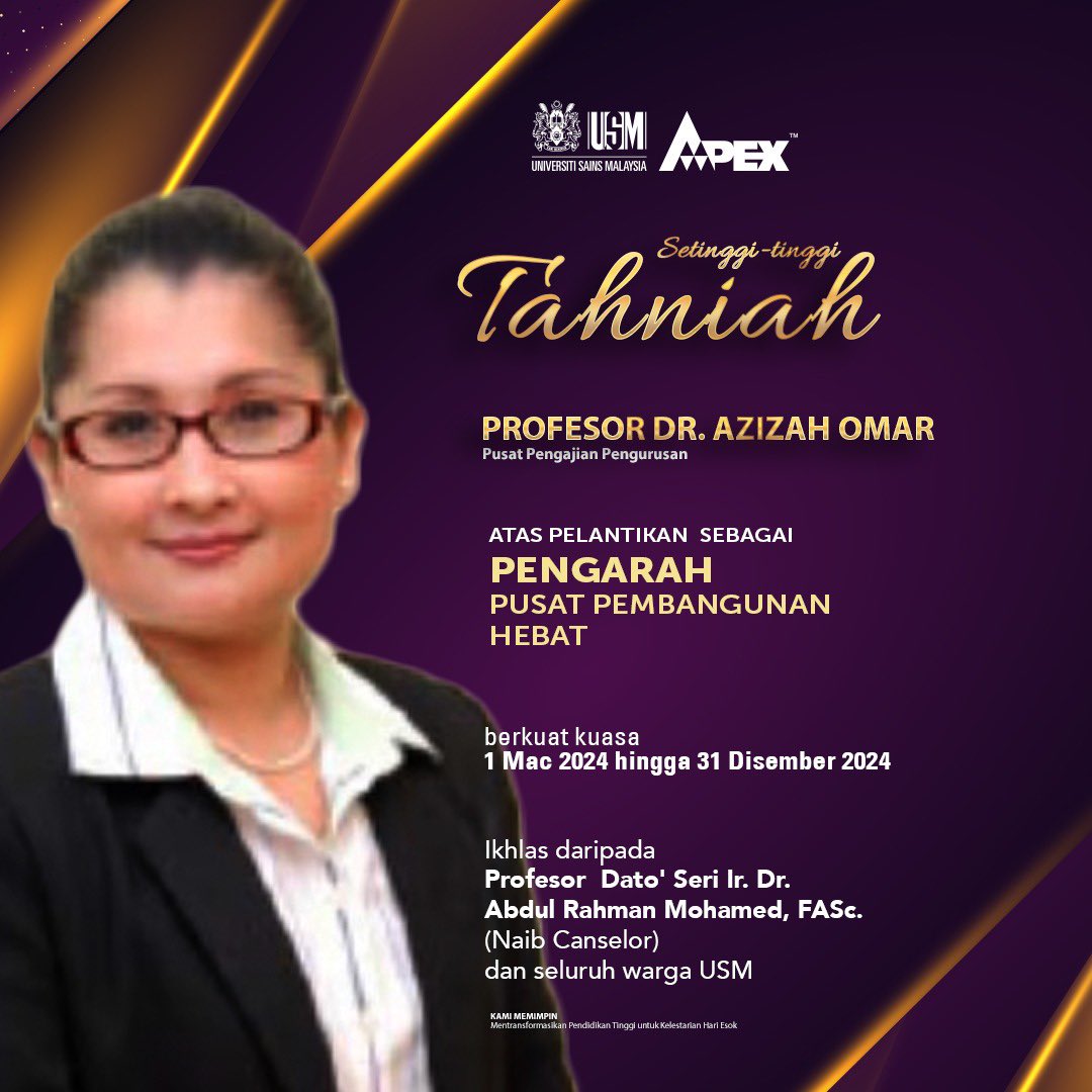 Setinggi-tinggi tahniah diucapkan kepada Profesor Dr. Azizah Omar atas pelantikan sebagai Pengarah Pusat Pembangunan HEBAT. #usm #welead