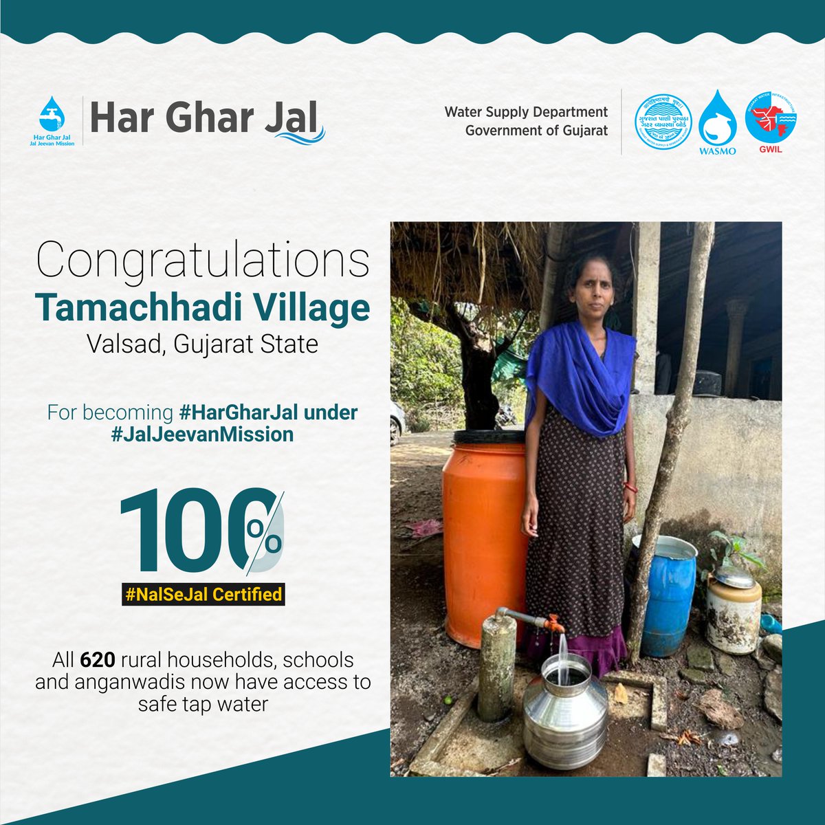 WSDGujarat's tweet image. Congratulations to all the people of Tamachhadi Village of #Valsad, #Gujarat State, for becoming 100% #HarGharNalSeJal certified. All 620 rural households, schools and anganwadis are now getting safe tap water under #JalJeevanMission