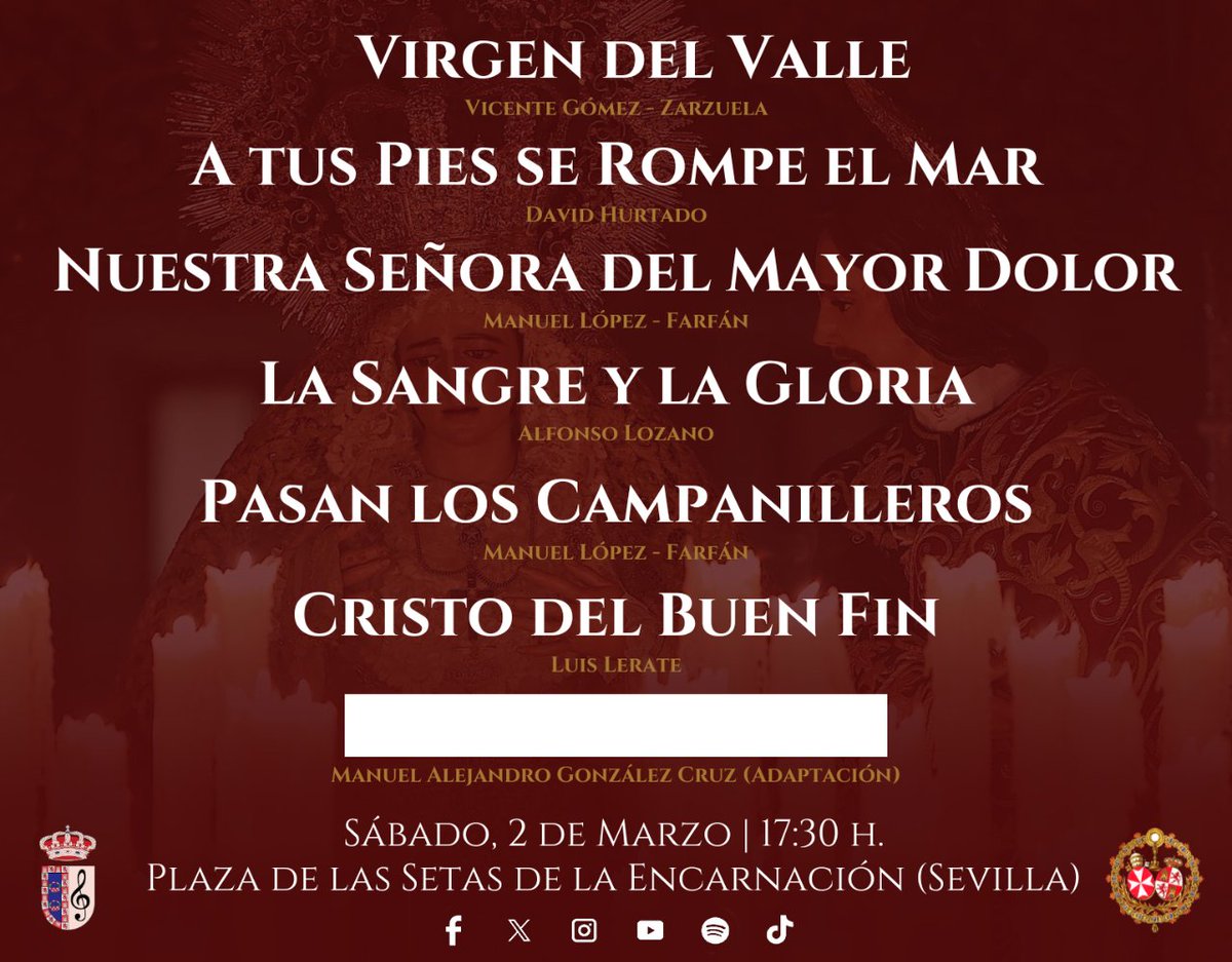 🎶 Mucha música de calidad y alguna que otra sorpresa nos esperan el próximo sábado

⏰ 𝟏𝟕:𝟑𝟎 𝐡𝐨𝐫𝐚𝐬

<a href="/Hdad_Amargura/">Hermandad de la Amargura</a> | #SuenaLasNieves