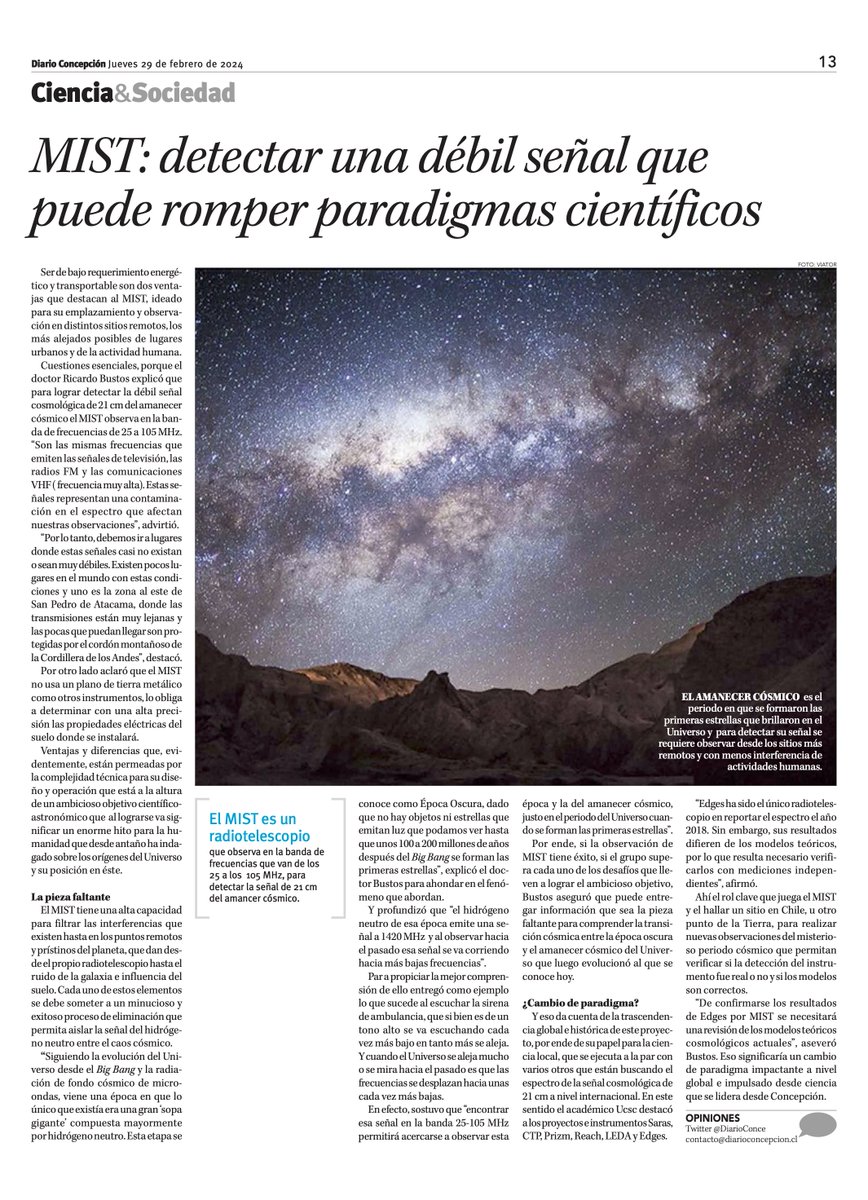 Lab_Astro_UCSC's tweet image. Una buena lectura para hoy. Los avances de nuestro radio telescopio MIST aparecen hoy en @DiarioConce