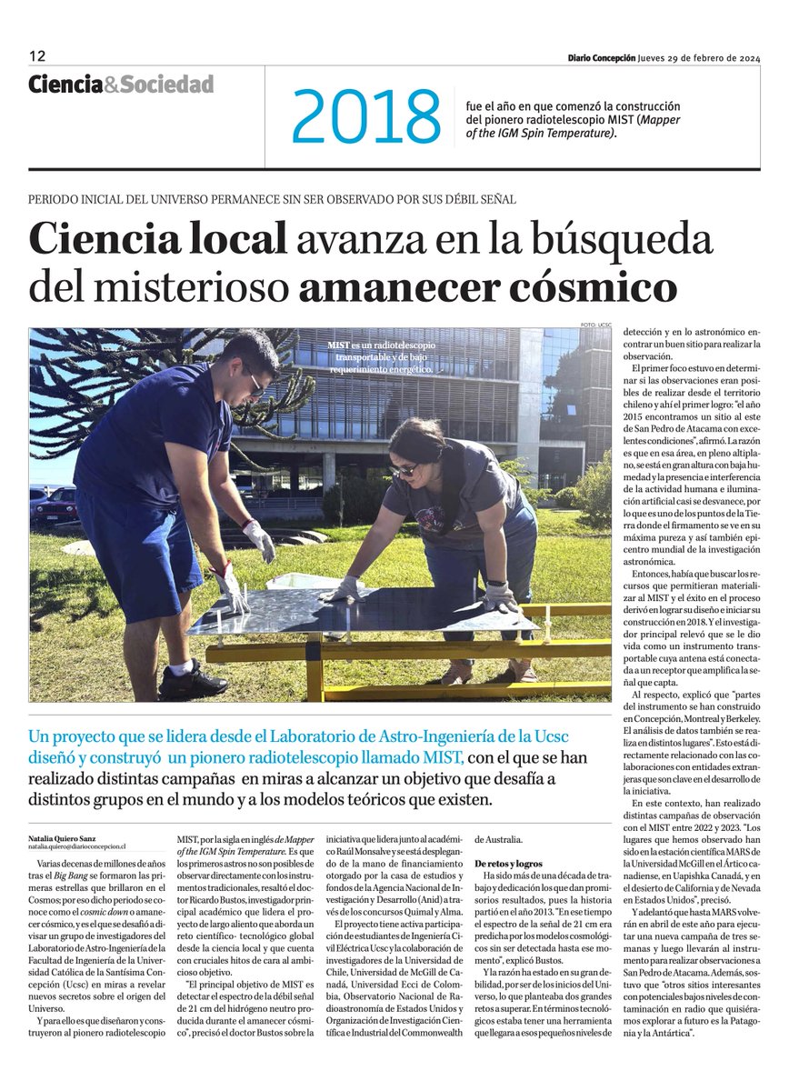 Lab_Astro_UCSC's tweet image. Una buena lectura para hoy. Los avances de nuestro radio telescopio MIST aparecen hoy en @DiarioConce