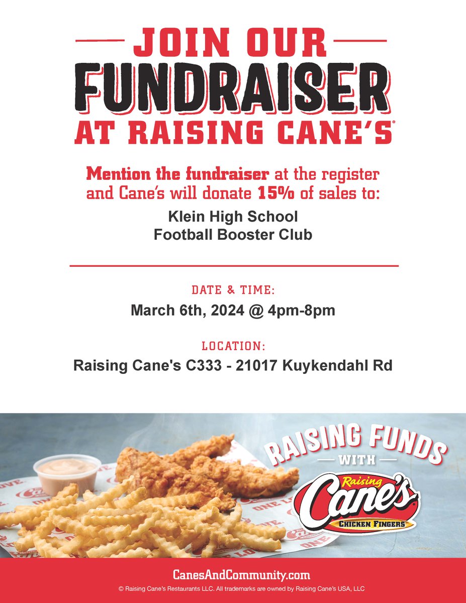 Please support our program on March 6th from 4-8PM at the Canes location on Kuykendahl!