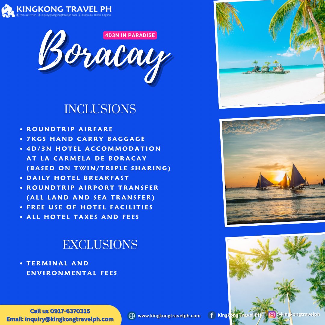 kingkong_ph's tweet photo. Join our group departures for Boracay, or we could arrange for your desired dates! ☀️

Let’s have a chat about your summer getaway.

Here’s how to reach us:

☎️ 0917-6370315
📧 inquiry@kingkongtravelph.com
🌐 https://t.co/NmSeRkaL3B https://t.co/4sa4aYwGzx