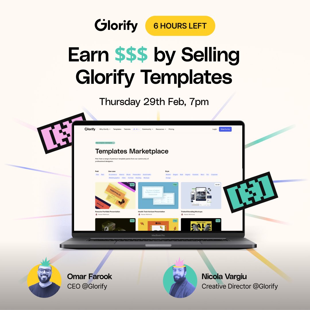 GlorifyDesign's tweet image. 🔴 Only 6 hours left until we go LIVE!

Join us for an Exclusive Webinar where we&apos;ll unveil the incredible opportunity awaiting you in our new Template Marketplace! 💰

No design expertise required
🗓️ Today, Feb 29
🕖 7pm GMT | 8pm CET | 2pm EST | 11am PST
glorify.com/webinar