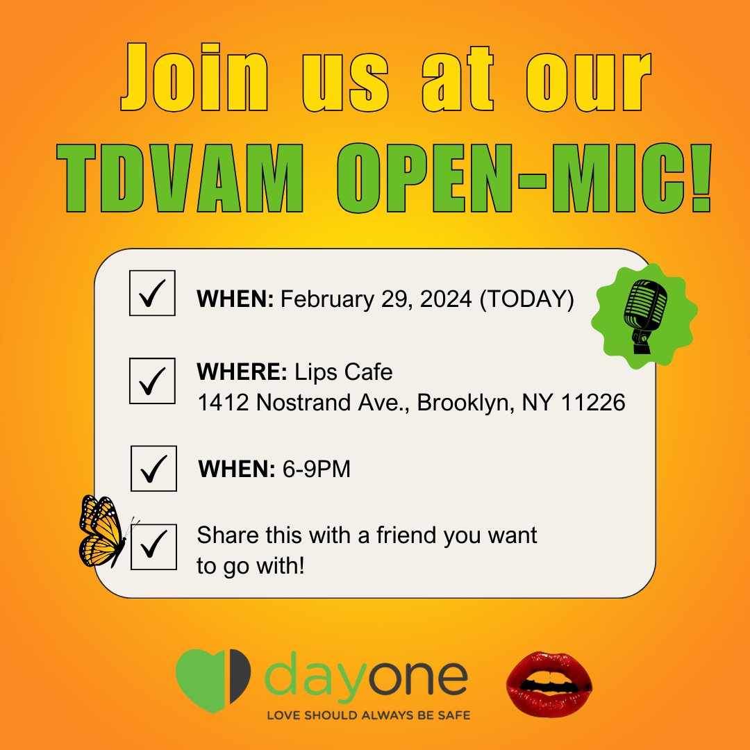 🎤 Join us, TODAY, at our TDVAM Open-Mic! It will be a memorable night with a performance from viBe Theater Experience, as well as performances from winners of our TDVAM Writing Contest. 🧡 RSVP at forms.gle/QwPDh73WW8hjGC… #brooklyn #nyc #awareness #youth #tdvam