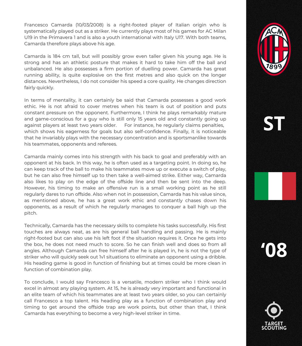 𝗙𝗿𝗮𝗻𝗰𝗲𝘀𝗰𝗼 𝗖𝗮𝗺𝗮𝗿𝗱𝗮 (𝗔𝗖 𝗠𝗶𝗹𝗮𝗻) - 𝗦𝗰𝗼𝘂𝘁 𝗥𝗲𝗽𝗼𝗿𝘁

Francesco Camarda (ST, '08, 🇮🇹) plays for AC Milan U-19 in the Primavera 1. 

Read <a href="/vincentverb/">Vincent</a>'s scout report here 👇
