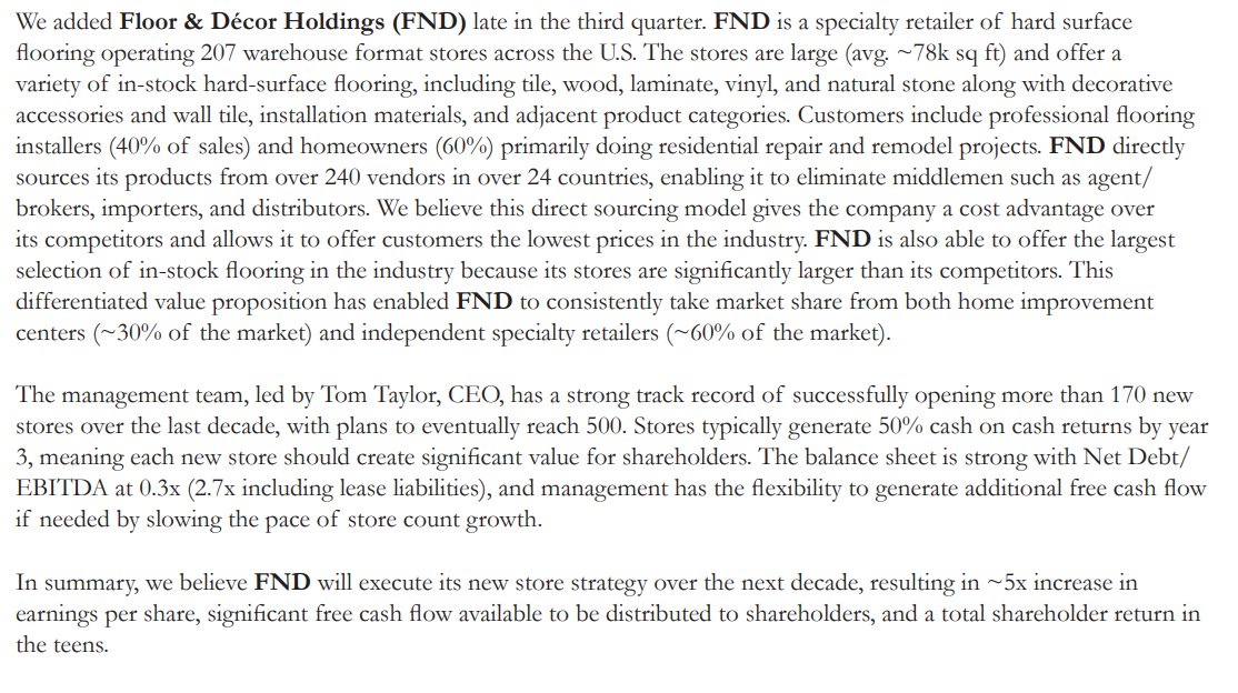 Southernsun on Floor & Décor $FND:

'we believe FND will execute its new store strategy over the next decade, resulting in ~5x increase in earnings per share'

(Extract from their Q4 letter)