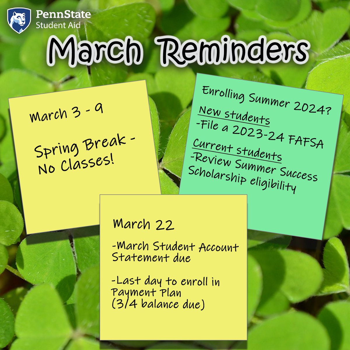 Some financial-aid reminders for March...

Enrolling Summer 2024? Make sure to file a 2023-24 FAFSA for aid consideration.

Current students who are taking a course or two to get back on track should check out the Summer Success Scholarship. 
summersession.psu.edu/current-studen…