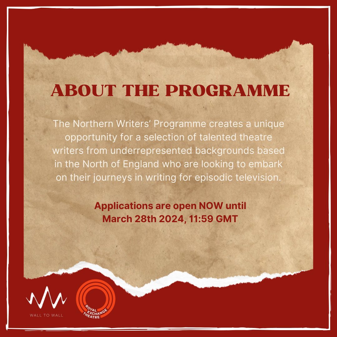 Adam James (@adjjames057) on Twitter photo The <a href="/WBDAccess/">Warner Bros. Discovery Access Programs</a> <a href="/W2W_media/">Wall to Wall Media</a> <a href="/rxtheatre/">Royal Exchange Theatre</a> Northern Writers’ Programme is back. If you are a theatre writer looking to write TV, this scheme sees you work with a script editor and exec producer towards a new TV Drama spec script, amongst workshops in both disciplines. The <a href="/WBDAccess/">Warner Bros. Discovery Access Programs</a> <a href="/W2W_media/">Wall to Wall Media</a> <a href="/rxtheatre/">Royal Exchange Theatre</a> Northern Writers’ Programme is back. If you are a theatre writer looking to write TV, this scheme sees you work with a script editor and exec producer towards a new TV Drama spec script, amongst workshops in both disciplines.