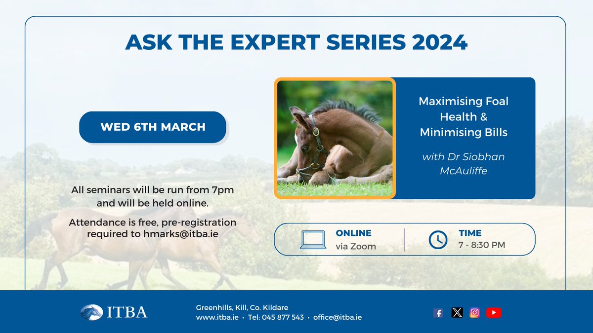 𝐈𝐓𝐁𝐀 𝐀𝐬𝐤 𝐓𝐡𝐞 𝐄𝐱𝐩𝐞𝐫𝐭 𝐒𝐞𝐫𝐢𝐞𝐬 𝟐𝟎𝟐𝟒 - Learn to maximise foal health & minimise vet bills with Dr Siobhan McAuliffe 🗓️Wednesday 6th March ⏰7pm 💻Online via Zoom 📝All Welcome! Register to hmarks@itba.ie or call ITBA on 045 877 543 #learntodayleadtomorrow