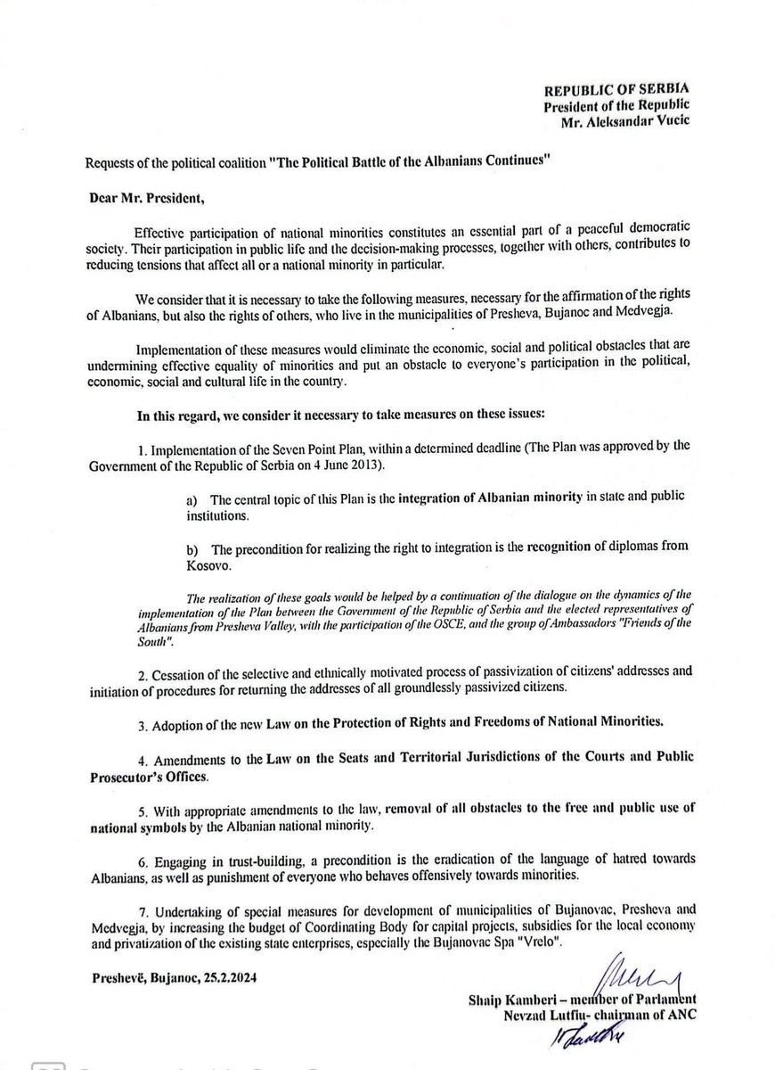 To be as transparent as possible, we are publishing the document with the requests we consider necessary to take the following measures, for the affirmation of the rights of Albanians in Preseva, Bujanovc and Medvegja, that we’ve submitted at the meeting with President Vucic!