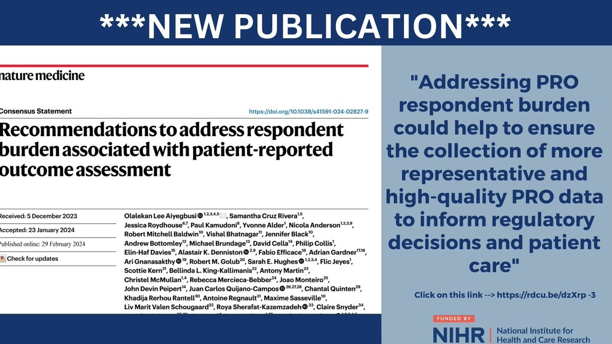 NEW PUBLICATION!!!! Our team at @CPROR_UoB along with other colleagues have produced a list of recommendations to address respondent burden associated with #PRO assessment. To read our paper, click on this link --> rdcu.be/dzXrp ⬇️⬇️⬇️ @UoB_IAHR @lee_1881 @drmelcalvert