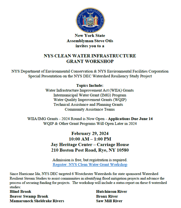 How will you spend this extra February day you've been gifted?

We encourage municipal leaders and engaged community members to attend the annual NYS Clean Water Infrastructure Grant Workshop hosted by Assemblyman @steveotis91 at @jayheritagecenter in Rye starting at 10:00 a.m.