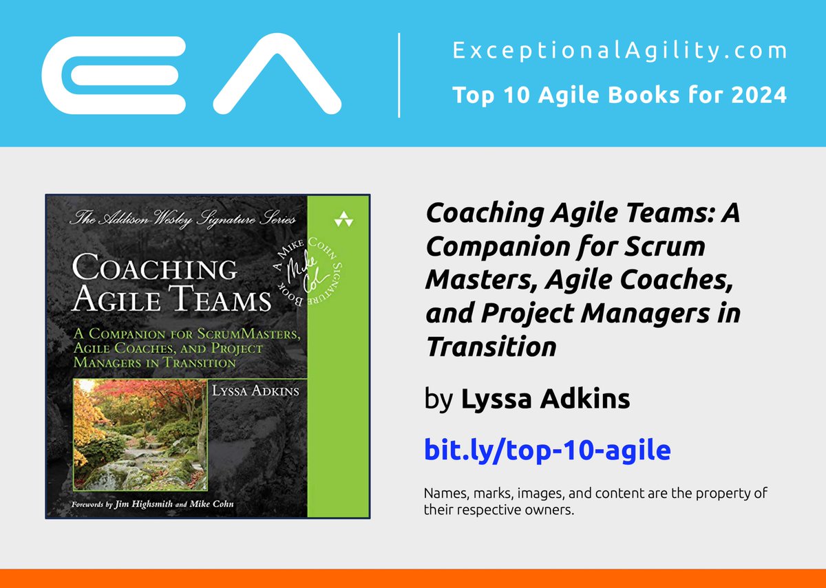 Exceptional Agility: Top 10 Agile Books for 2024 includes “Coaching Agile Teams” by Lyssa Adkins.

🔗 exceptionalagility.com/blog/files/boo…

#ExceptionalAgility #Agile #Agility #Books #AgileBooks #AgileCoach #AgileCoaching #CoachingAgileTeams #ScrumMaster #AgileProjectManager #PMOT #PMOX