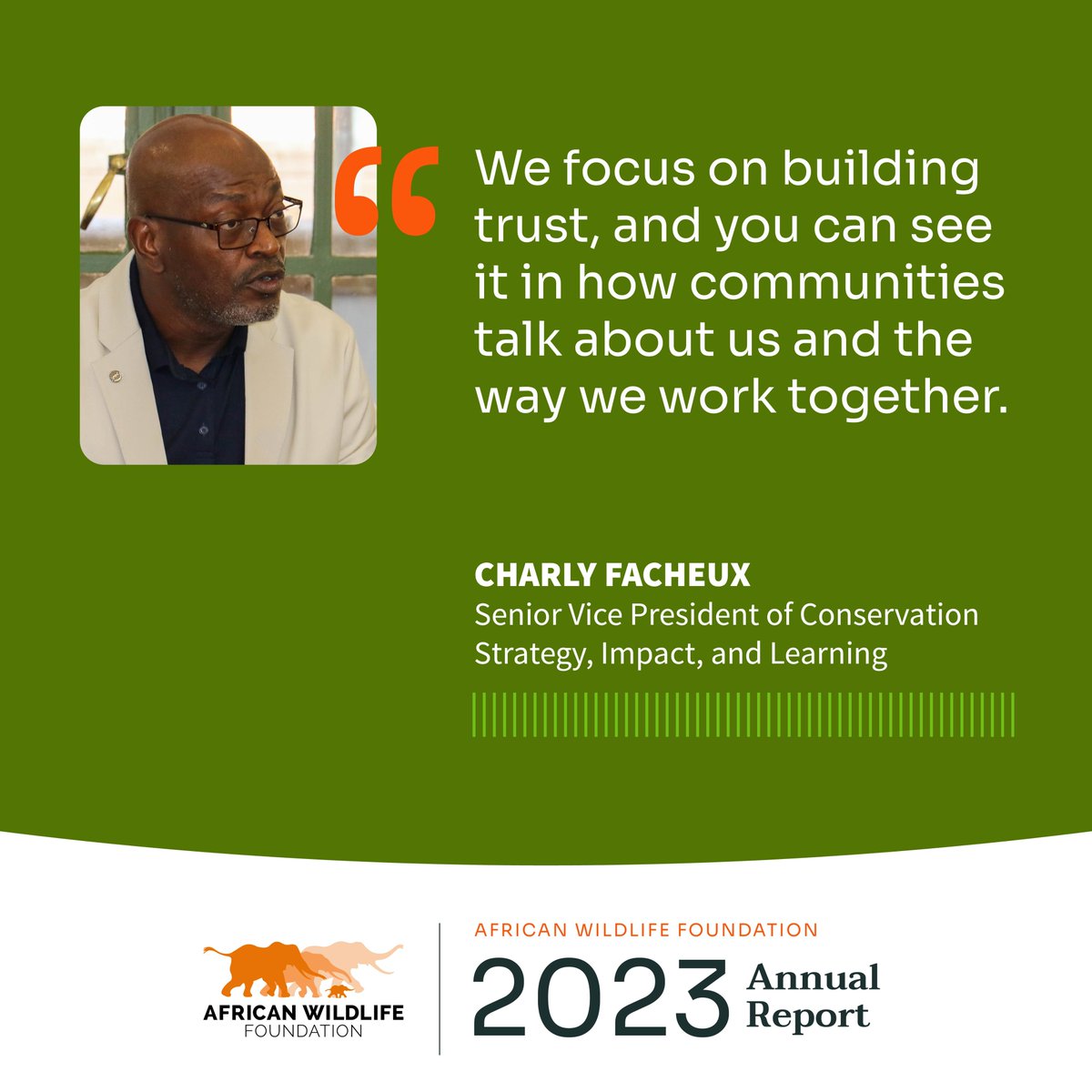 African Wildlife Foundation Sr. VP of Conservation Strategy, Charly Facheux, shares how we're modeling scalable solutions that create opportunity for people and promote coexistence with wildlife in shared landscapes. Discover more about AWF's impact in our 2023 Annual Report:…