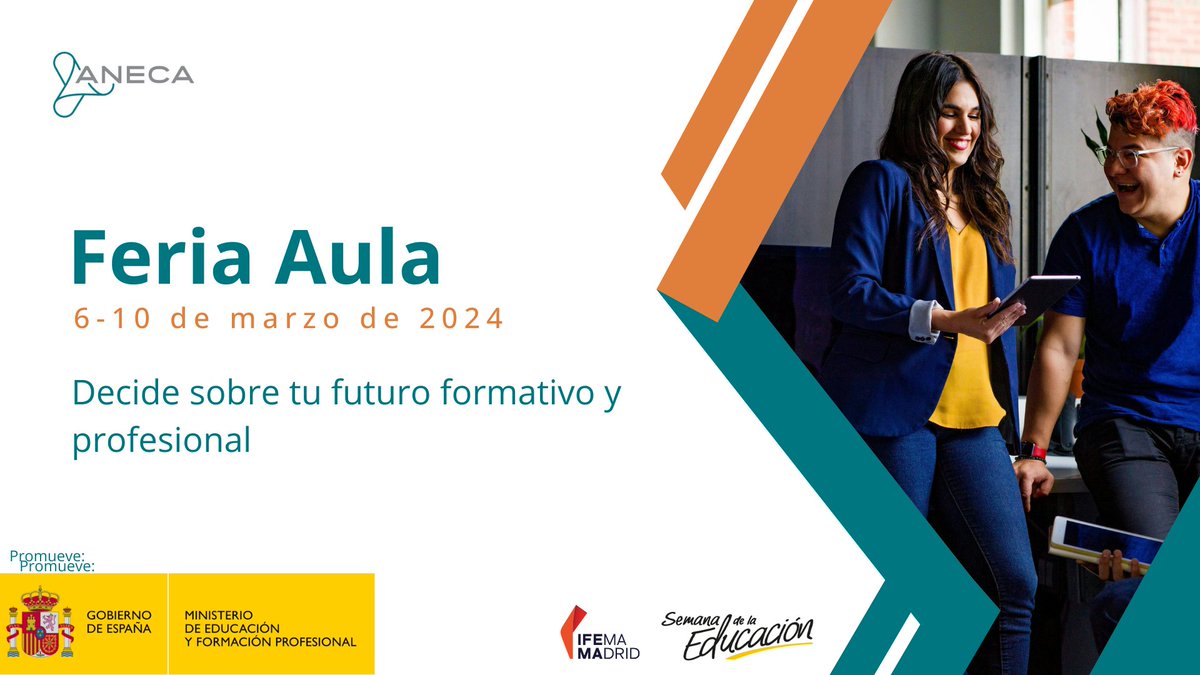 ANECA (@anecainfo) on Twitter photo 📌 Mañana comienza @feriaaula, feria referente en el mundo educativo.
🗓️ <a href="/IFEMA/">IFEMA MADRID</a> 6-10 de marzo.
🤝 Visítanos en el estand de @cienciagob, pabellón 3, estand 3D07.
𝗗𝗲𝗰𝗶𝗱𝗲 𝘀𝗼𝗯𝗿𝗲 𝘁𝘂 𝗳𝘂𝘁𝘂𝗿𝗼 𝗳𝗼𝗿𝗺𝗮𝘁𝗶𝘃𝗼 𝘆 𝗽𝗿𝗼𝗳𝗲𝘀𝗶𝗼𝗻𝗮𝗹
#Aula2024 #SemanaDeLaEducación 📌 Mañana comienza @feriaaula, feria referente en el mundo educativo.
🗓️ <a href="/IFEMA/">IFEMA MADRID</a> 6-10 de marzo.
🤝 Visítanos en el estand de @cienciagob, pabellón 3, estand 3D07.
𝗗𝗲𝗰𝗶𝗱𝗲 𝘀𝗼𝗯𝗿𝗲 𝘁𝘂 𝗳𝘂𝘁𝘂𝗿𝗼 𝗳𝗼𝗿𝗺𝗮𝘁𝗶𝘃𝗼 𝘆 𝗽𝗿𝗼𝗳𝗲𝘀𝗶𝗼𝗻𝗮𝗹
#Aula2024 #SemanaDeLaEducación