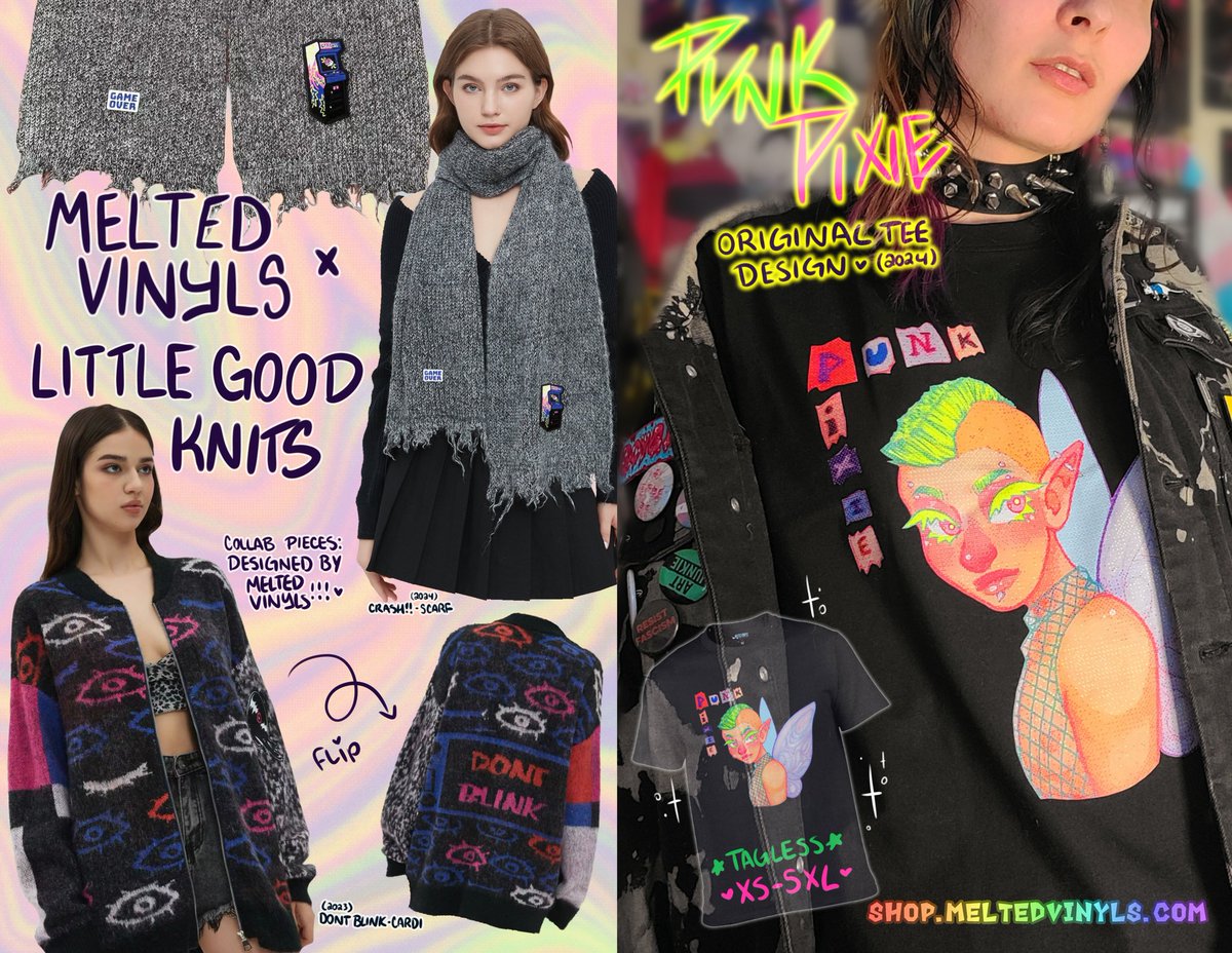 shop.meltedvinyls.com // Apparel spread from my art zine #zine #apparel #teeshirt #sizeinclusive #cardigan #scarf