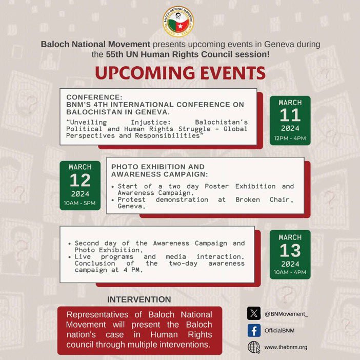 The BNM is poised to shine a spotlight on Balochistan's political & human rights struggle during the 55th UN Human Rights Council session in Geneva. Through a series of events, BNM will advocate for the rights and freedoms of the Baloch people. #Balochistan #HumanRights #UNHRC55