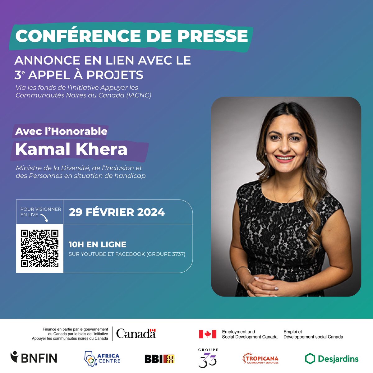 Annonce excitante ! Rejoignez-nous EN DIRECT en ligne aujourd’hui à 11h HNA alors que l’honorable Kamal Khera dévoile les résultats du 3e Appel à propositions pour l’Initiative appuyer les Communautés Noires du Canada ! Lien pour regarder la conférence : youtube.com/live/1AWwN70HI…