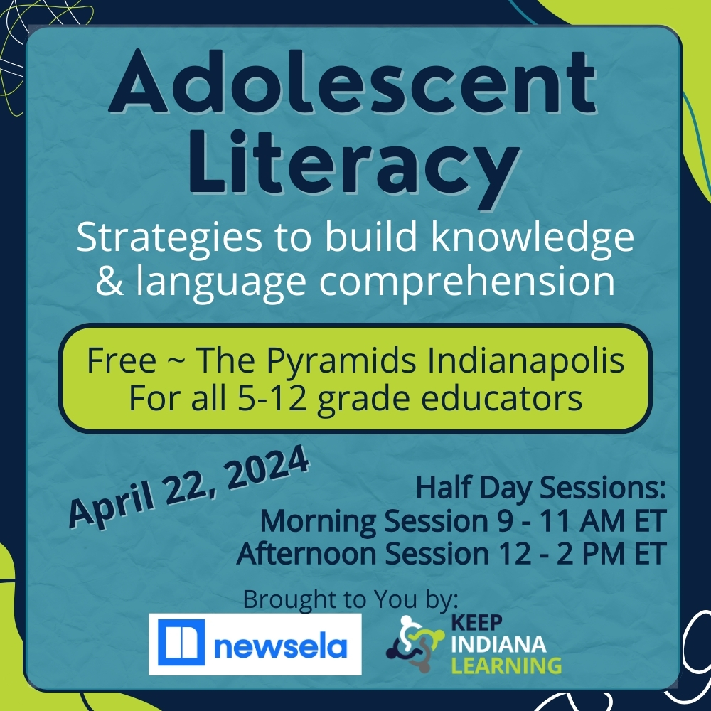Supporting adolescent readers increase their comprehension skills is an ongoing endeavor. This interactive workshop with @NewsELA will provide 5-12 grade educators with strategies to immediately implement. Seats are limited! Learn more: keepindianalearning.org/events/adolesc… @erinfmcneill