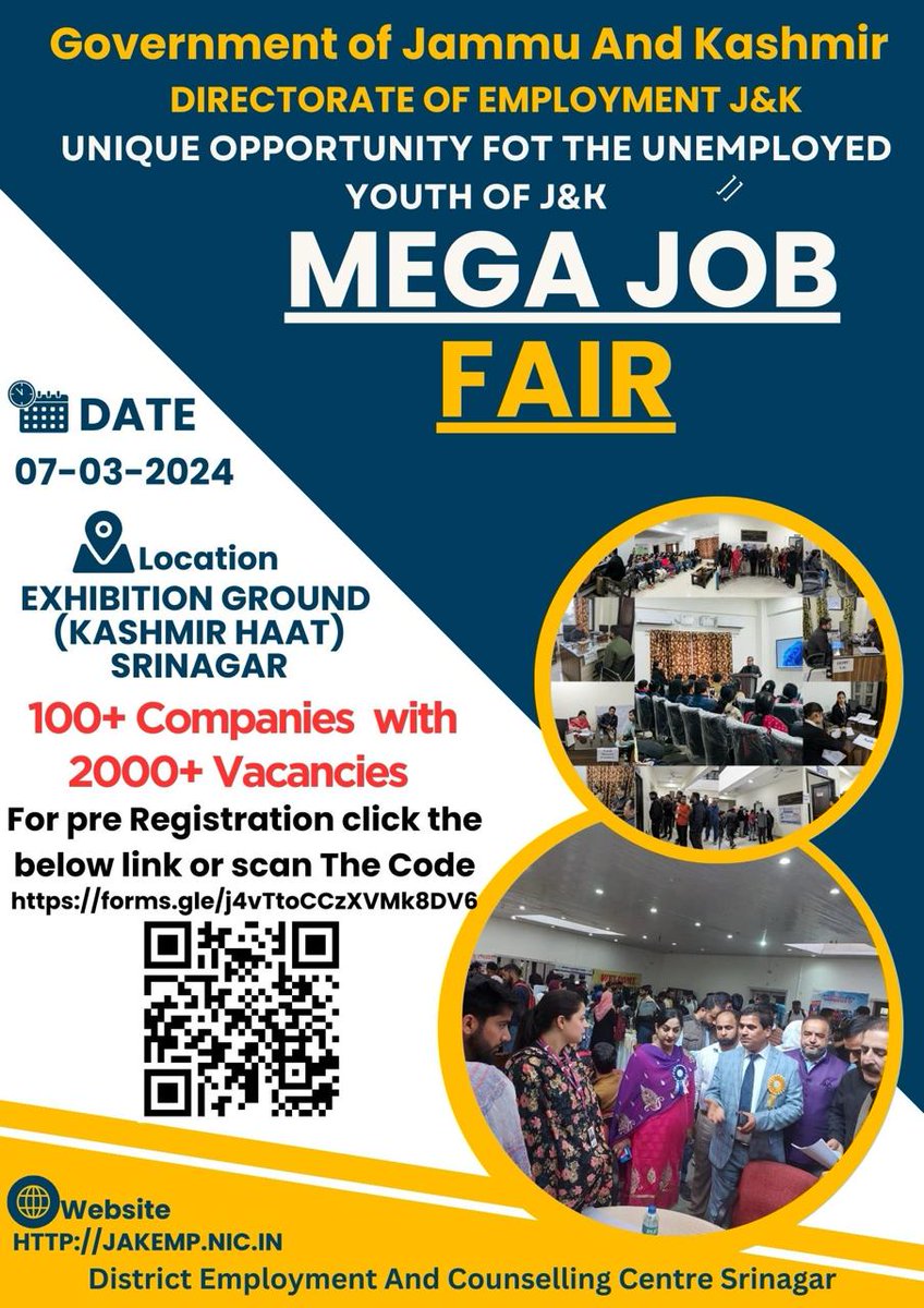 Department of Employment, J&amp;K is organizing Mega Job Fair at Kashmir Haat (Exhibition Ground Srinagar) on 7th of March, 2024. Participating Employers will be shortly available on jakemp.nic.in
<a href="/dcbandipora/">Deputy Commissioner Bandipora</a> <a href="/dicbandipora/">Information & PR, Bandipora</a> <a href="/diprjk/">Information & PR, J&K</a> <a href="/DirEmpjk/">Directorate Of Employment J&K</a>