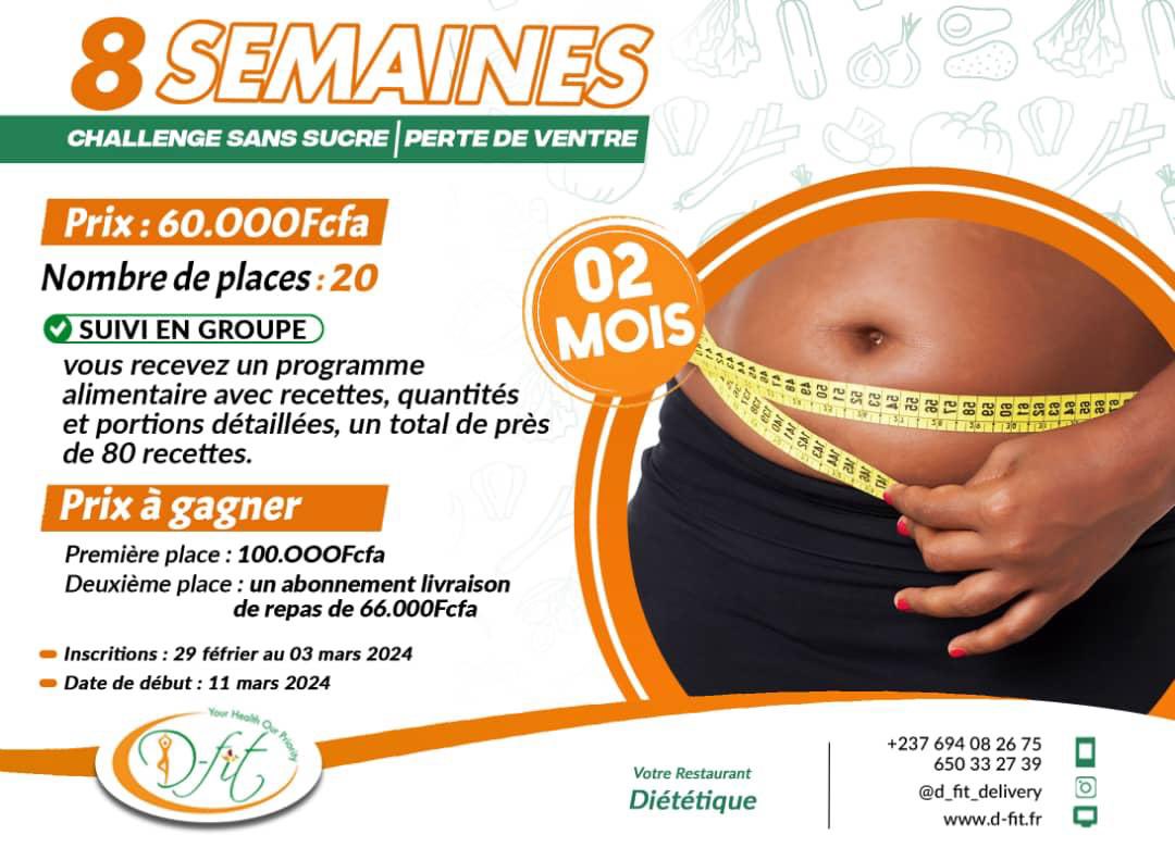 Pardon un retweet, Notre challenge de 8 semaines sans sucre de D-FIT commence dans 1 semaine, il coûte 60.000fcfa.

Les gagnant(e)s auront des lots Magnifiques 😻 

Vient apprendre à préparer diet sans soucis sur deux mois 
Numéro : 650332739