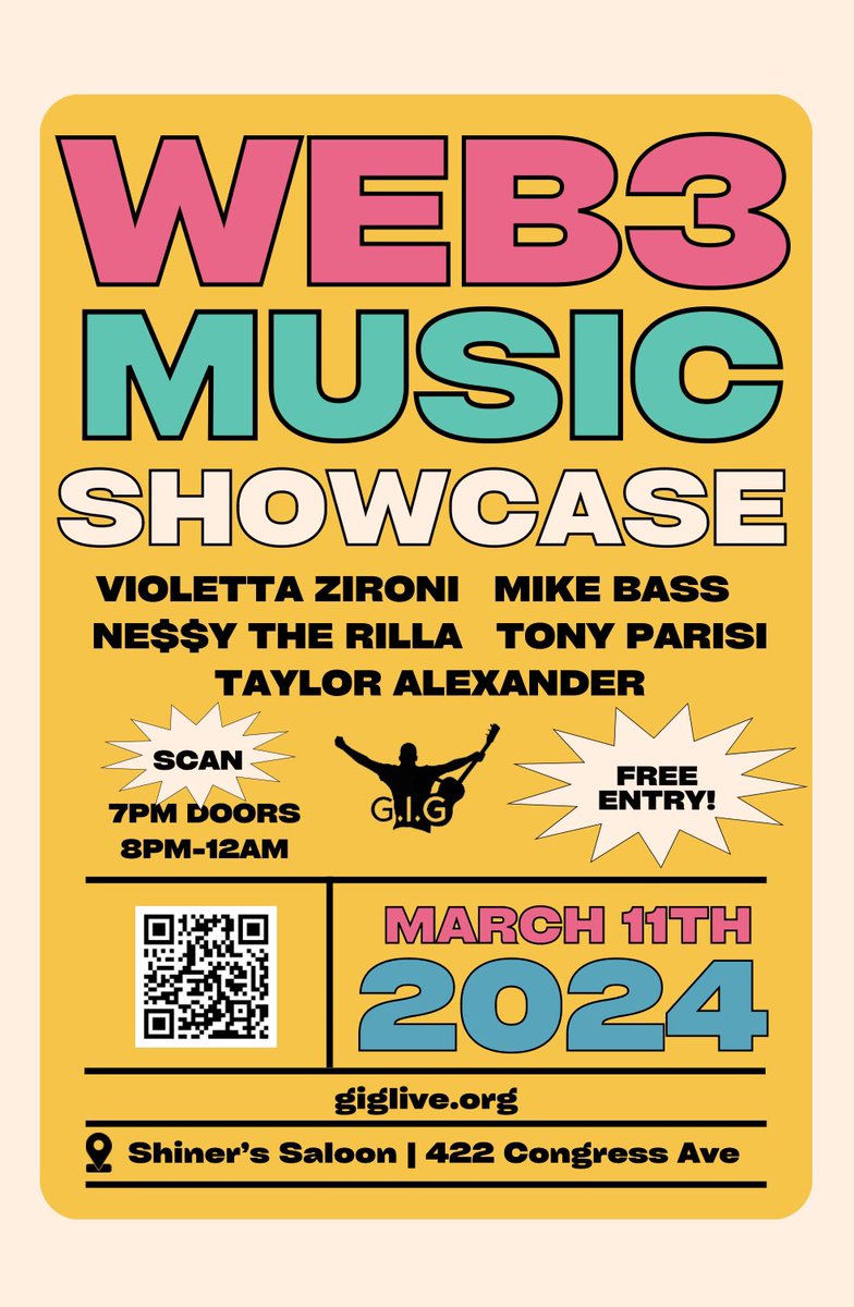 🎼Day 4 of posting a different flyer for @giglivemusic’s Web3 Music showcase every day until the event! 3/11/24 - ATX | doors @ 7pm Performances by: @ZironiVioletta @mikebassmusic @auradeluxe @NessyTheRilla & more! Visit giglive.org for more info, to donate.