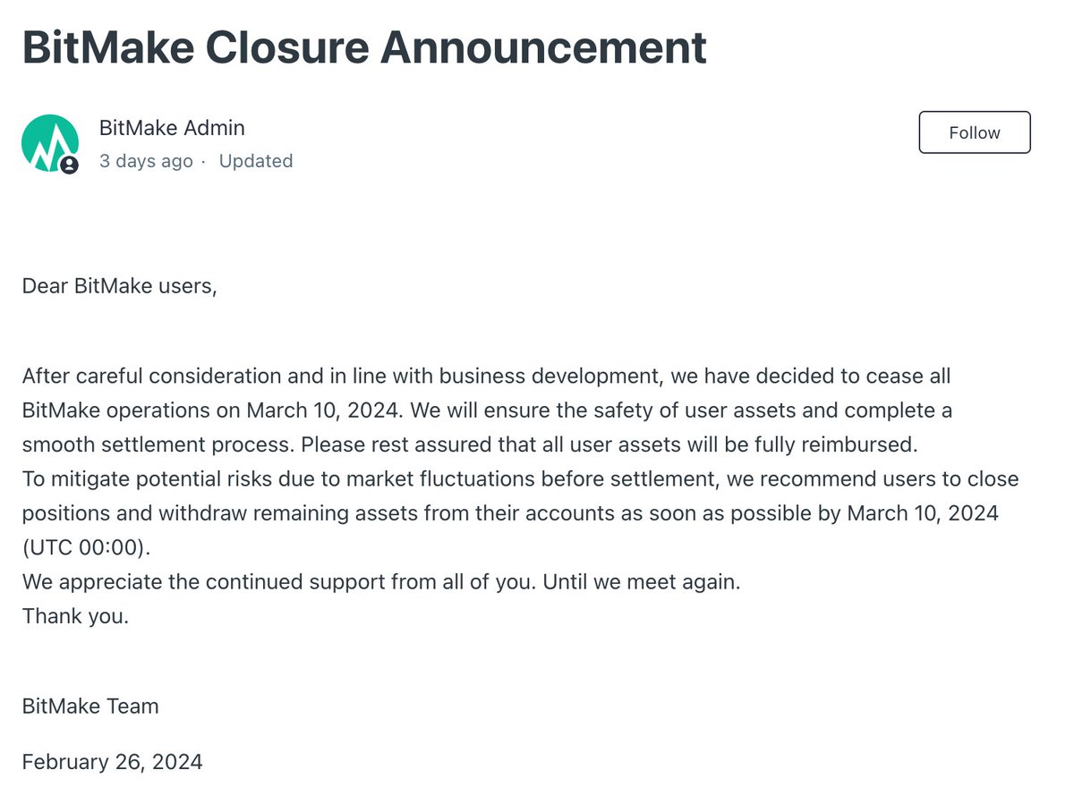 Lil_Kim0204's tweet image. 😭 BitMake운영 중단 알림

BitMake가 3월 10일 부로 운영을 중단하게 되었습니다.

혹시 아직 BitMake에 자금이 있으신분이 계시다면 3월 10일 이전으로 출금 진행해 주세요!

#BitMake