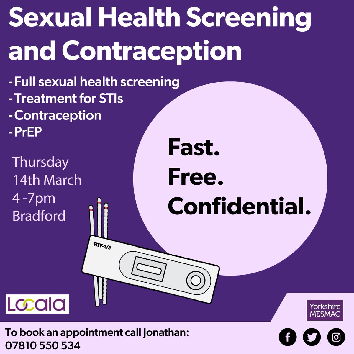 Think you’ve been at risk and need a full sexual health screening? We're running a clinic with @locala_safesex every month Get tested for Gonorrhoea, Chlamydia, HIV and Syphilis! Call Jonathan to book an appointment: 📞 07810 550 534 #sexualhealth #lgbtq #PrEP #contraception